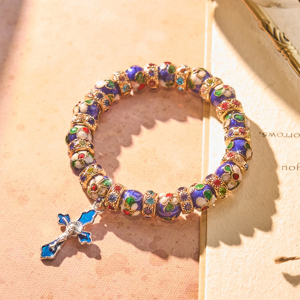 Pulsera Detallada de Cuentas de Cloisonné Azul con Crucifijo