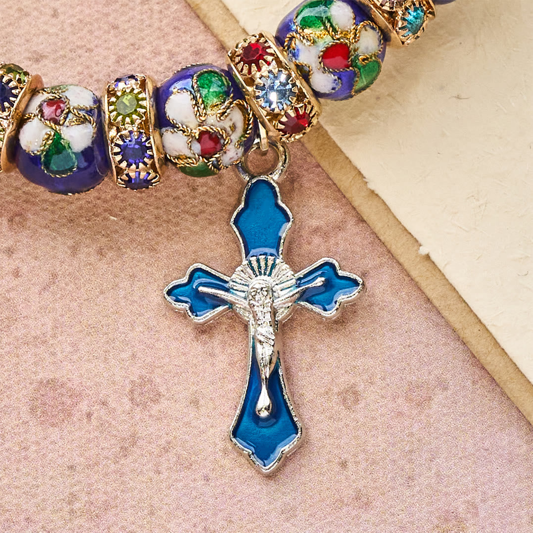Pulsera Detallada de Cuentas de Cloisonné Azul con Crucifijo
