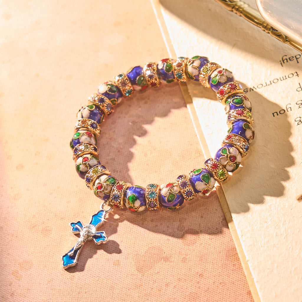 Pulsera Detallada de Cuentas de Cloisonné Azul con Crucifijo