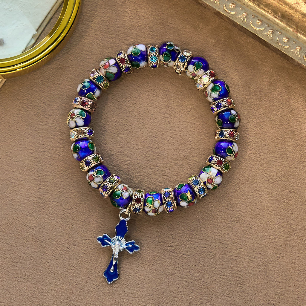 Pulsera Detallada de Cuentas de Cloisonné Azul con Crucifijo