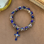 Pulsera Detallada de Cuentas de Cloisonné Azul con Crucifijo