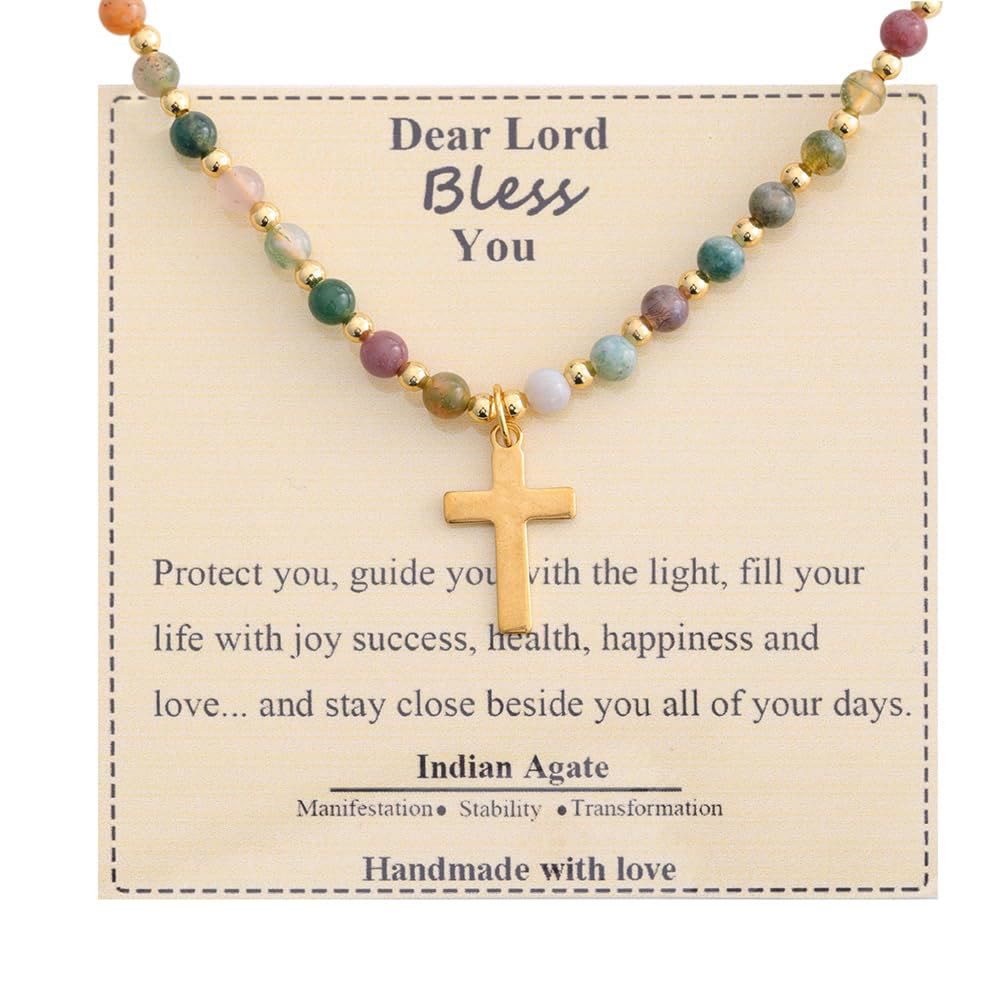 Collar de Cruz de Piedra Bendecida: Dije de Gema Natural y Detalle de Devoción Serena