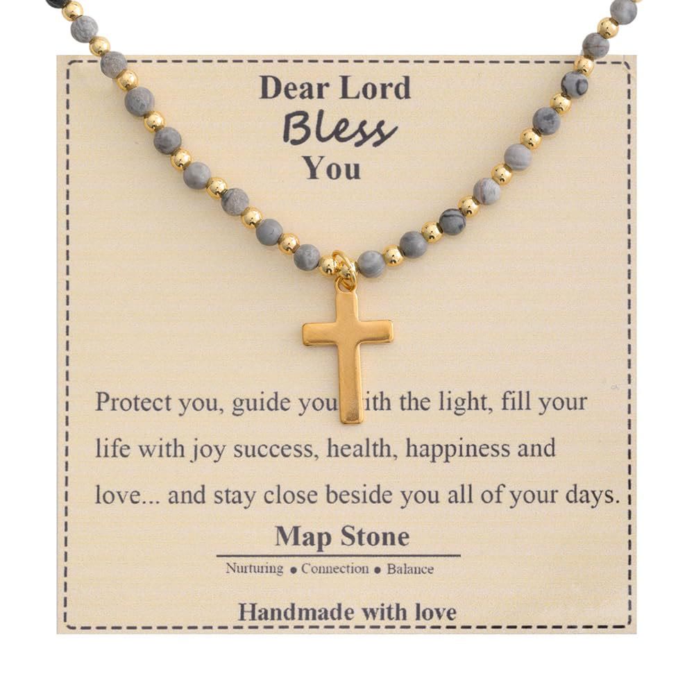 Collar de Cruz de Piedra Bendecida: Dije de Gema Natural y Detalle de Devoción Serena