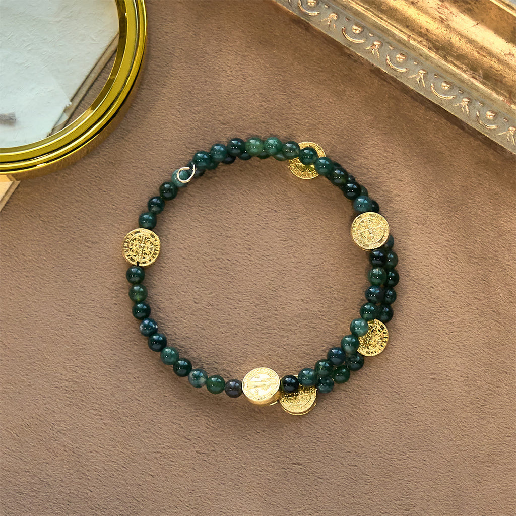 Pulsera Rosario de Alambre con Memoria de Ágata Musgo: Devoción para el Día a Día
