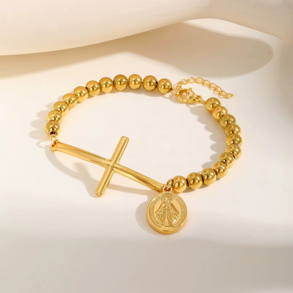 Pulsera de Cuentas con Cruz y la Virgen: Símbolo Espiritual con Elegancia Pulida