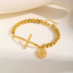 Pulsera de Cuentas con Cruz y la Virgen: Símbolo Espiritual con Elegancia Pulida