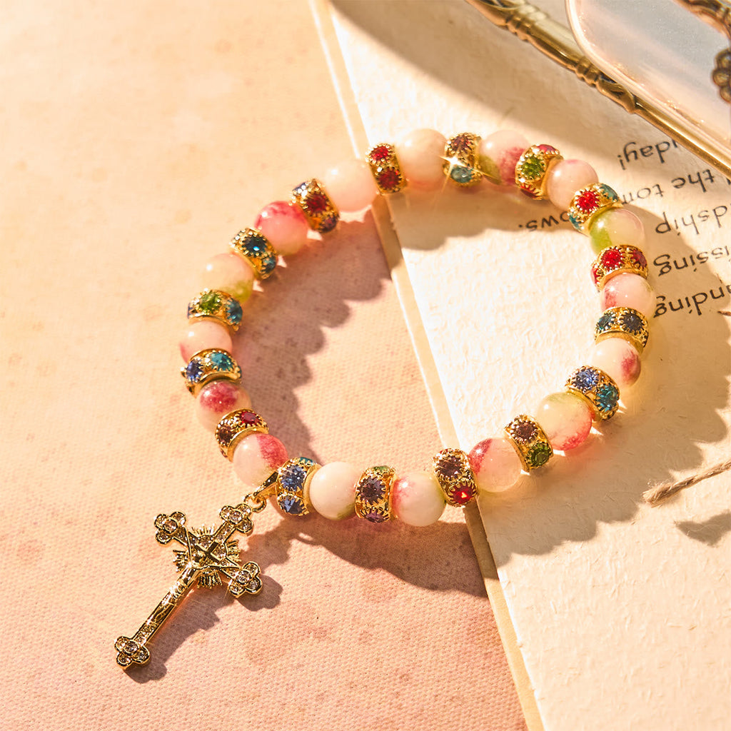 Pulsera Devocional Brillante de Turmalina con Crucifijo Dorado Ornamentado