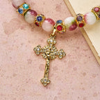 Pulsera Devocional Brillante de Turmalina con Crucifijo Dorado Ornamentado