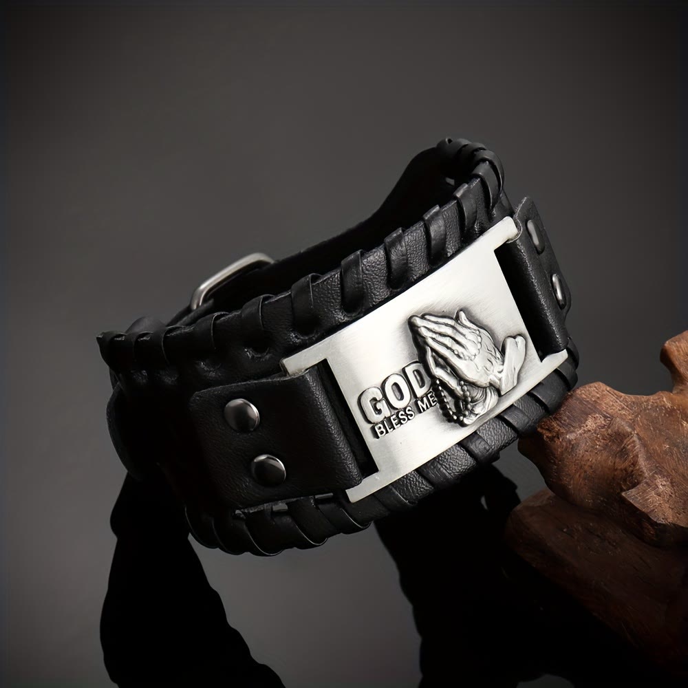Pulsera de Cuero con Manos Orando: Insignia de Bendición