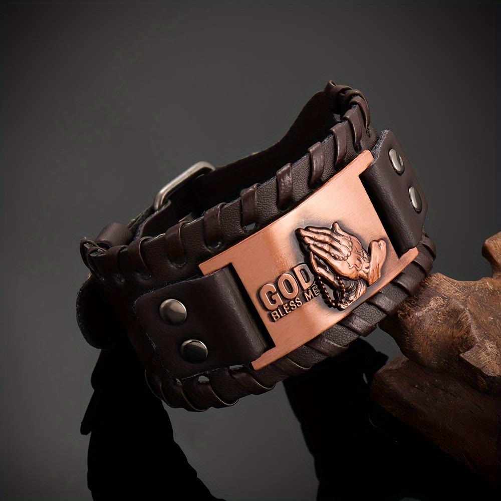 Pulsera de Cuero con Manos Orando: Insignia de Bendición