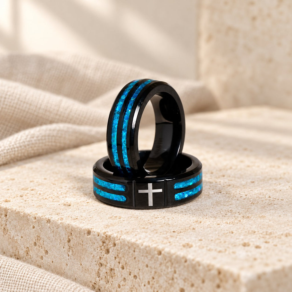 Modern Titanium Steel Cross Ring with Laser Blue Inlay