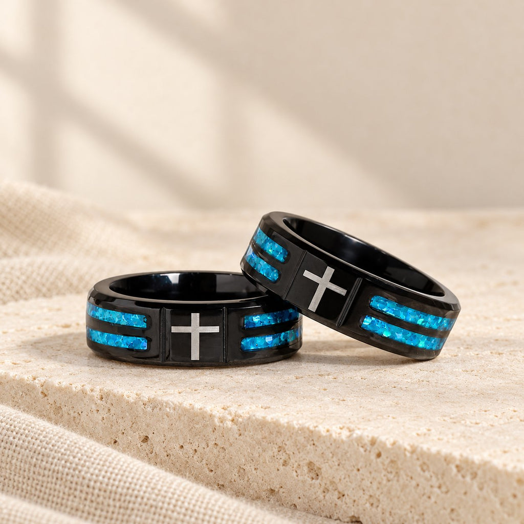 Modern Titanium Steel Cross Ring with Laser Blue Inlay