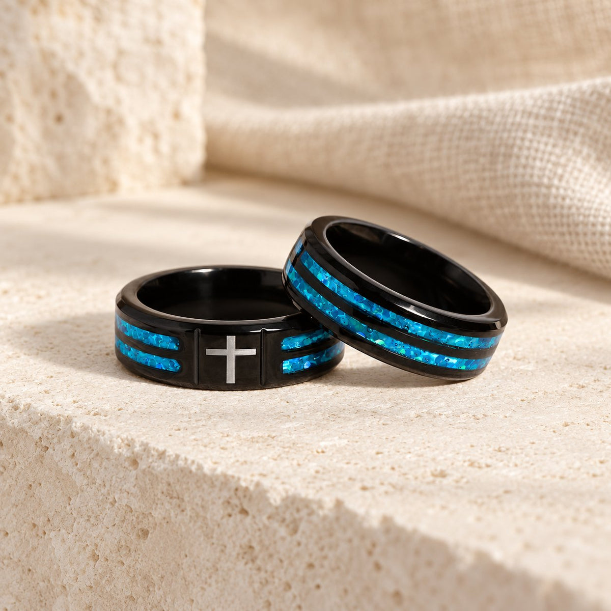 Modern Titanium Steel Cross Ring with Laser Blue Inlay