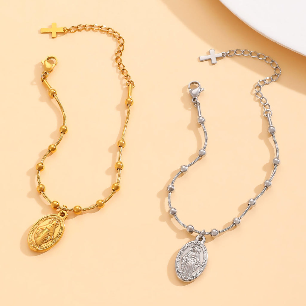 Pulsera con Medalla de la Virgen y Detalle de Cruz: Recordatorio de Fe y Cuidado Diario