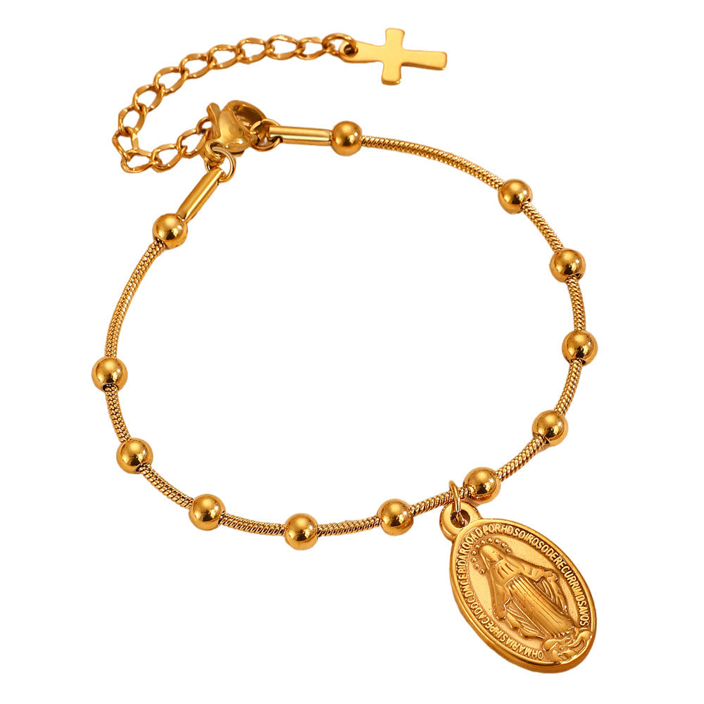 Pulsera con Medalla de la Virgen y Detalle de Cruz: Recordatorio de Fe y Cuidado Diario