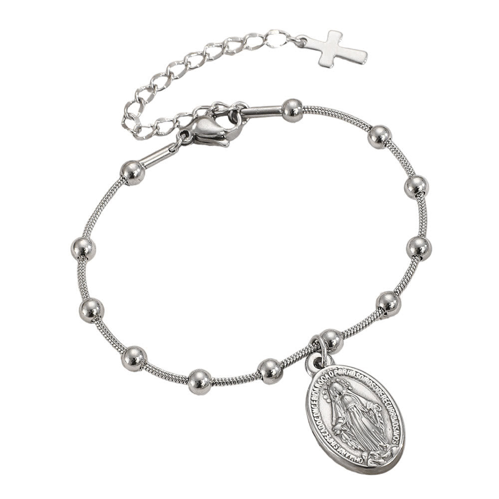 Pulsera con Medalla de la Virgen y Detalle de Cruz: Recordatorio de Fe y Cuidado Diario