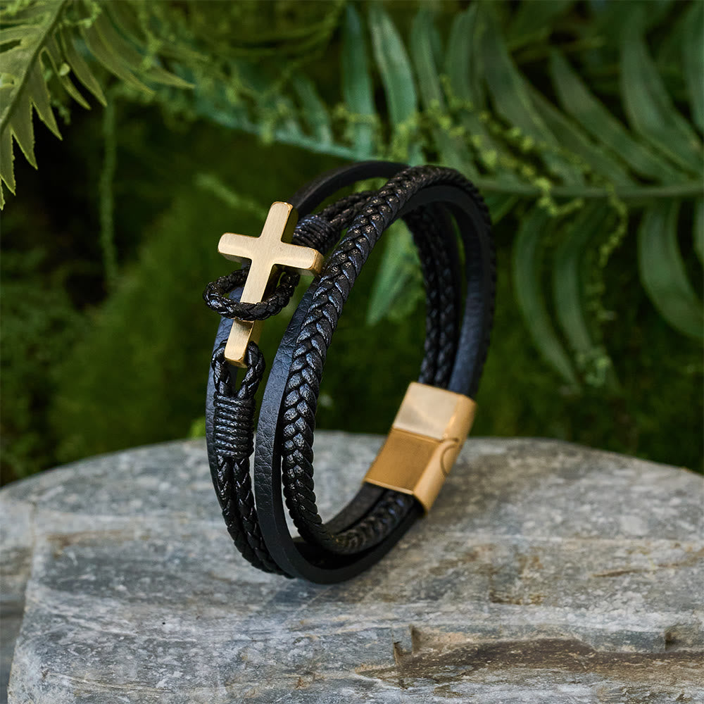 Pulsera de Moda Tricolor de Acero Inoxidable con Cruz y Cuero Trenzado