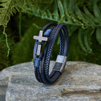 Pulsera de Moda Tricolor de Acero Inoxidable con Cruz y Cuero Trenzado