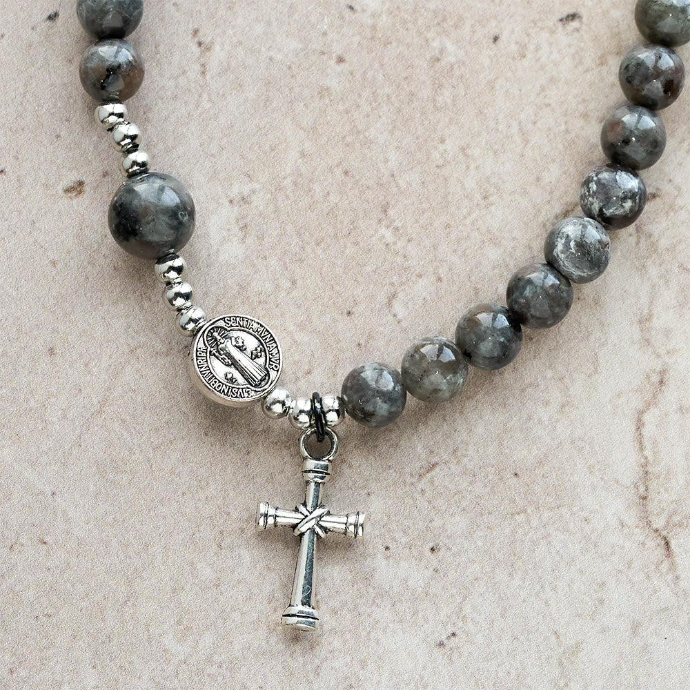 Pulsera Rosario de Piedra de Fuego con Brillo UV de 6 mm: Textura Cenizas y Devoción Iluminada