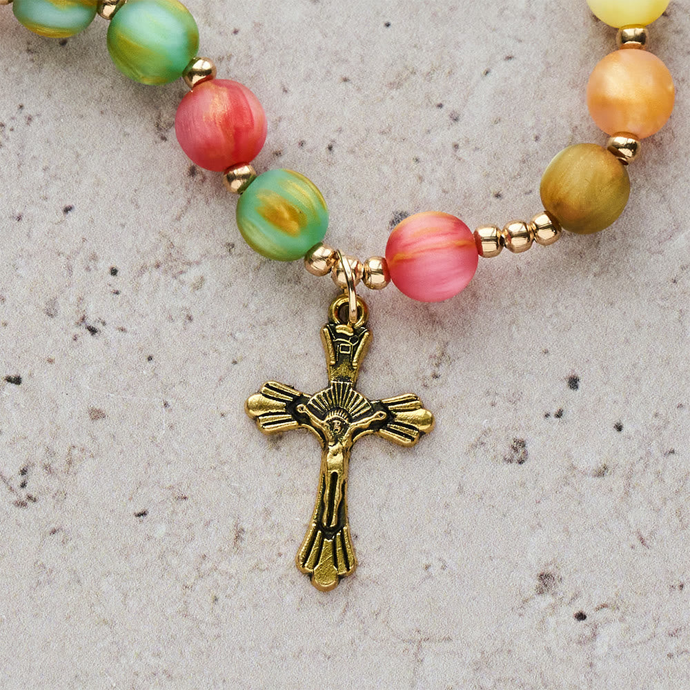 Pulsera Rosario Arcoíris de Fe Vibrante: Cuentas de Colores y Virgen Dorada Sagrada