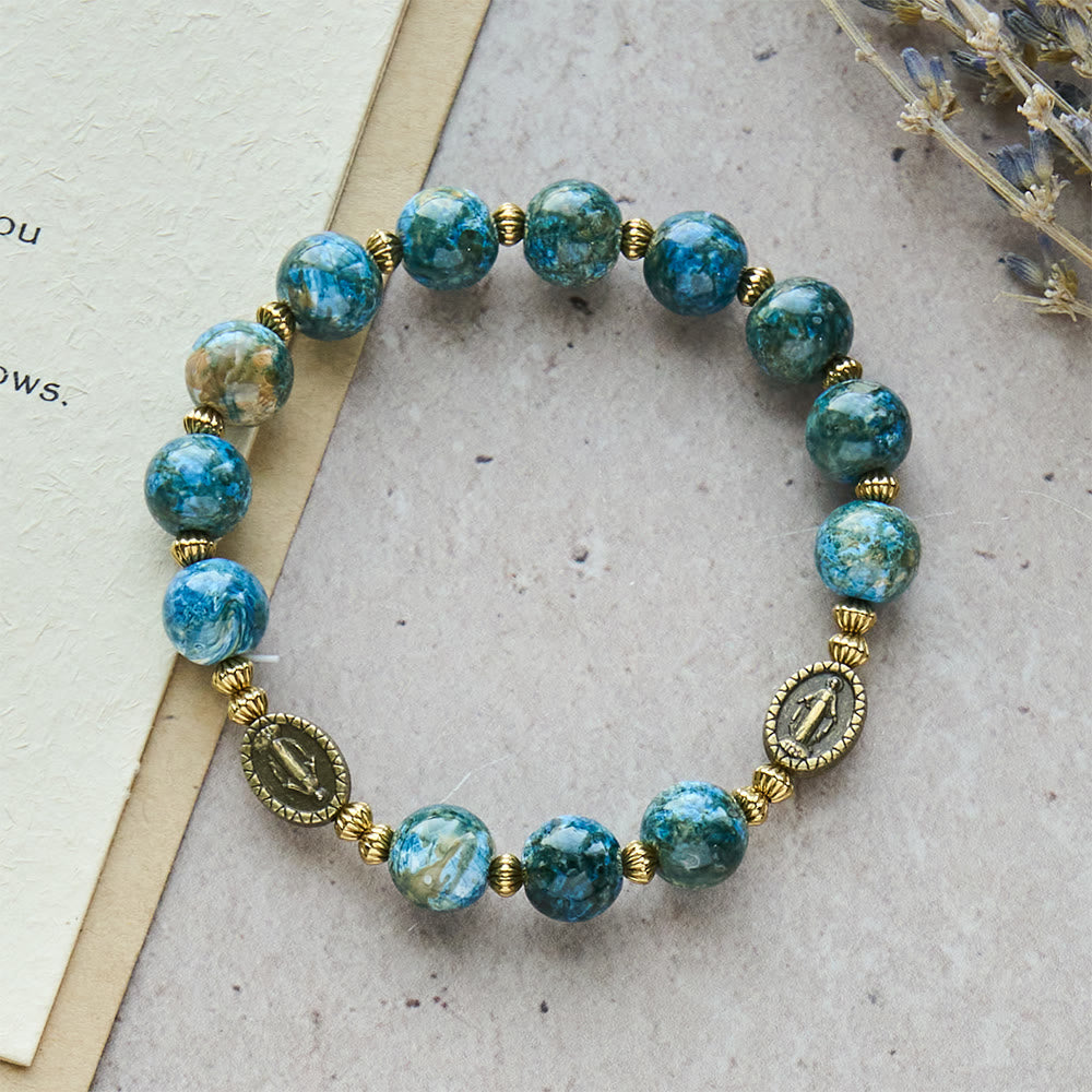 Pulsera Devocional Vintage Azul de 10 mm Estilo Óleo con Medalla Milagrosa