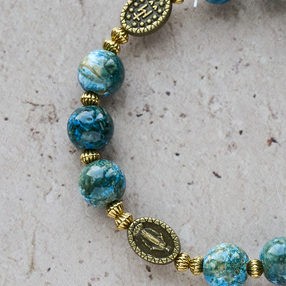 Pulsera Devocional Vintage Azul de 10 mm Estilo Óleo con Medalla Milagrosa