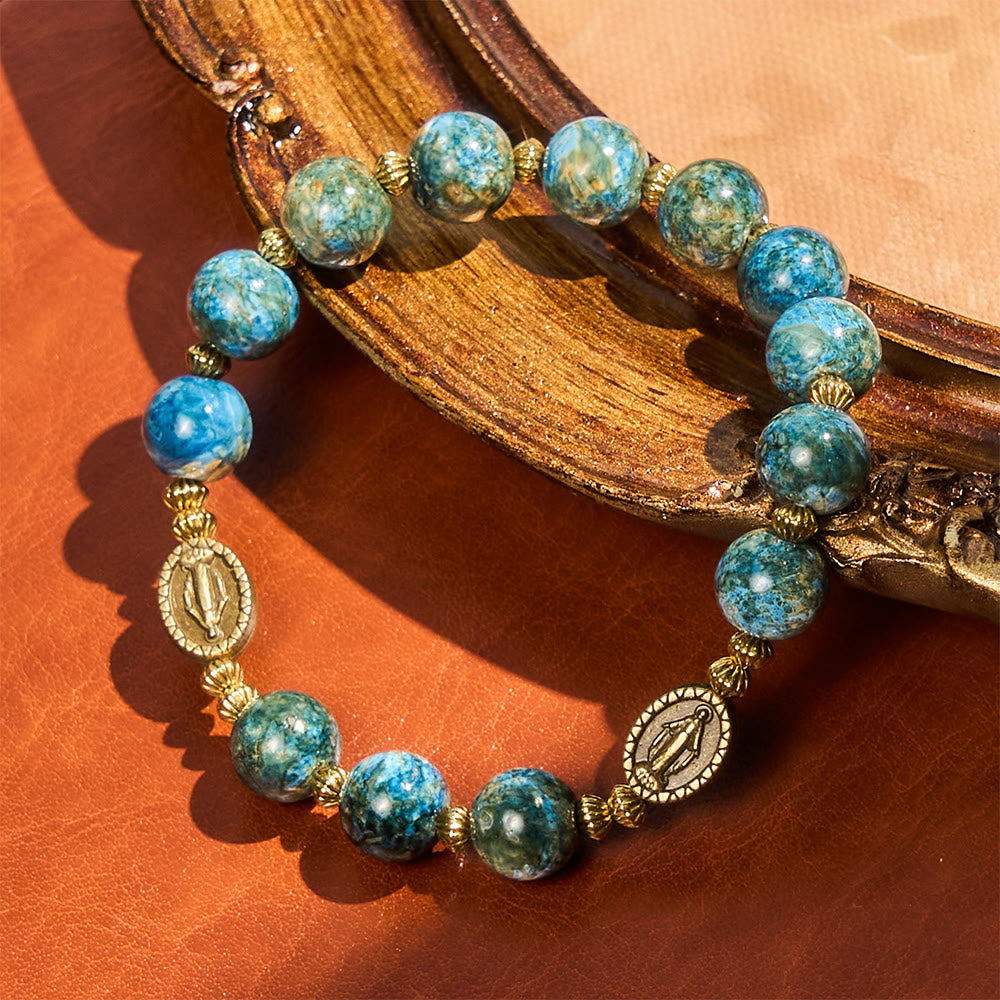 Pulsera Devocional Vintage Azul de 10 mm Estilo Óleo con Medalla Milagrosa