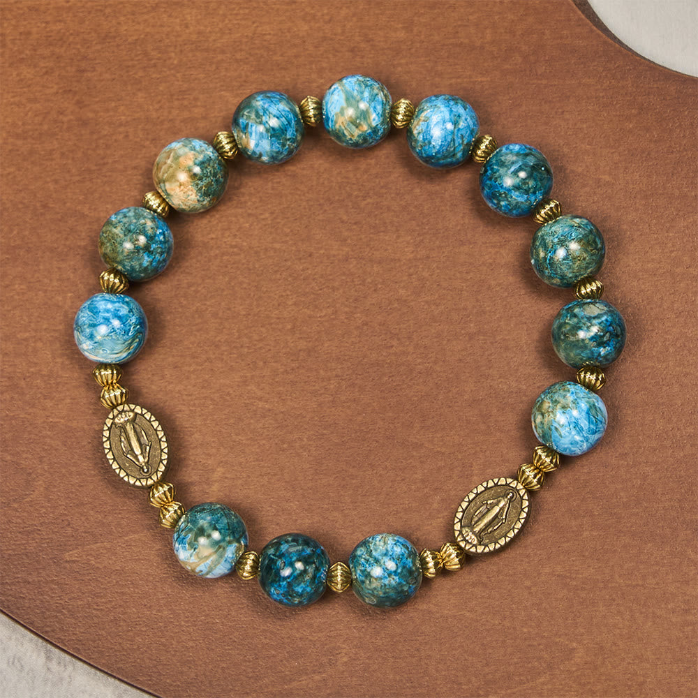 Pulsera Devocional Vintage Azul de 10 mm Estilo Óleo con Medalla Milagrosa