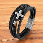 Pulsera de Moda Tricolor de Acero Inoxidable con Cruz y Cuero Trenzado