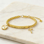 Pulsera de Cruz con Semilla de Mostaza y Cuentas Doradas con Tarjeta de Regalo
