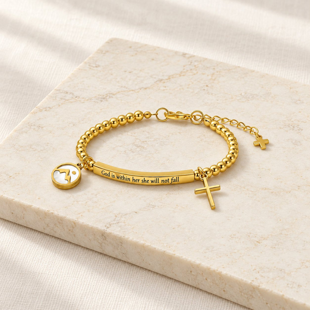 Mustard Seed & Golden Bead Cross Bracelet with God Is Within Her Gift