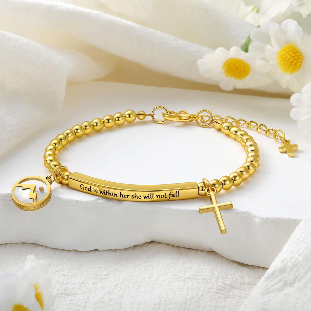 Pulsera de Cruz con Semilla de Mostaza y Cuentas Doradas con Tarjeta de Regalo