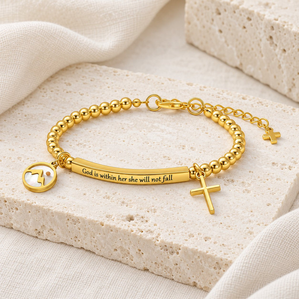 Mustard Seed & Golden Bead Cross Bracelet with God Is Within Her Gift