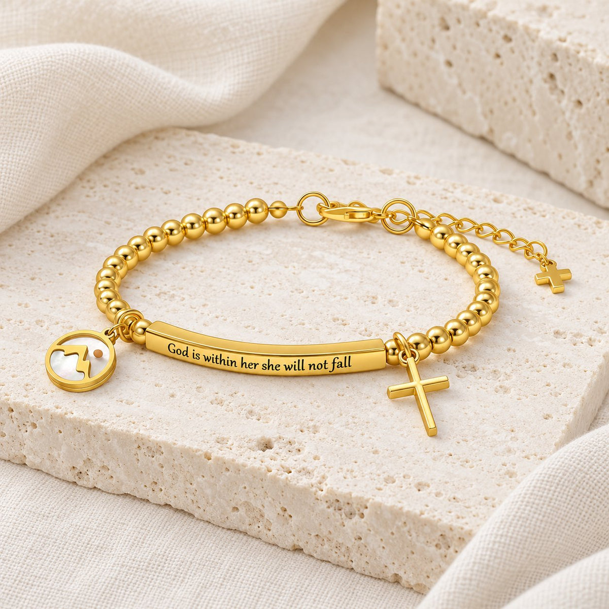 Mustard Seed & Golden Bead Cross Bracelet with God Is Within Her Gift