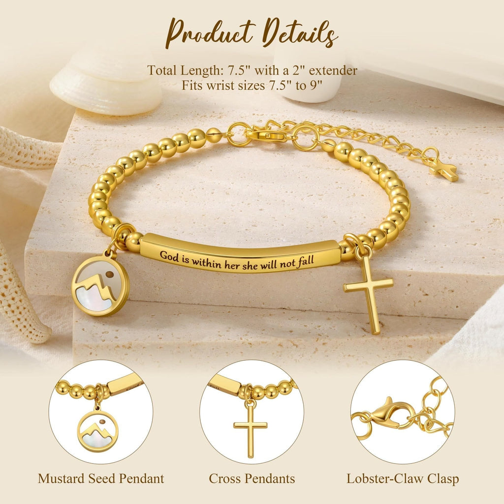 Pulsera de Cruz con Semilla de Mostaza y Cuentas Doradas con Tarjeta de Regalo