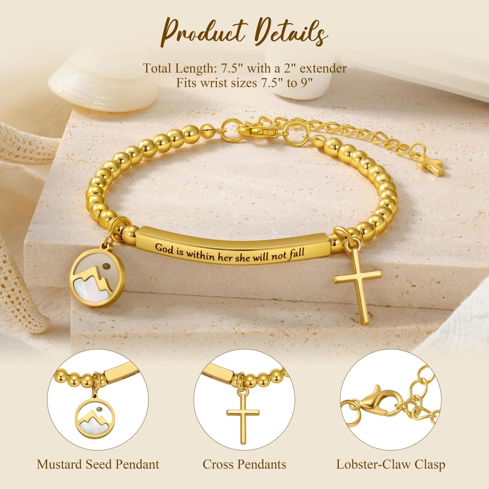 Pulsera de Cruz con Semilla de Mostaza y Cuentas Doradas con Tarjeta de Regalo