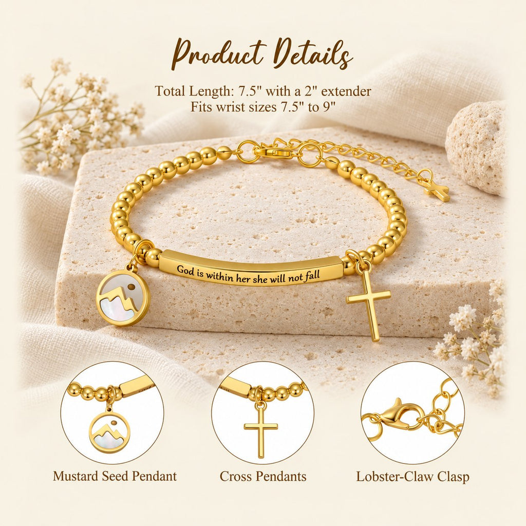 Mustard Seed & Golden Bead Cross Bracelet with God Is Within Her Gift