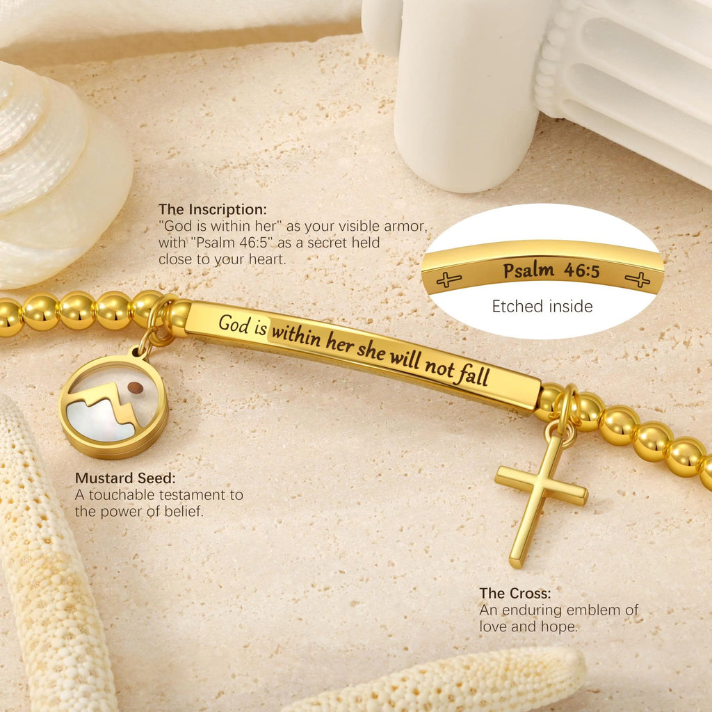 Pulsera de Cruz con Semilla de Mostaza y Cuentas Doradas con Tarjeta de Regalo