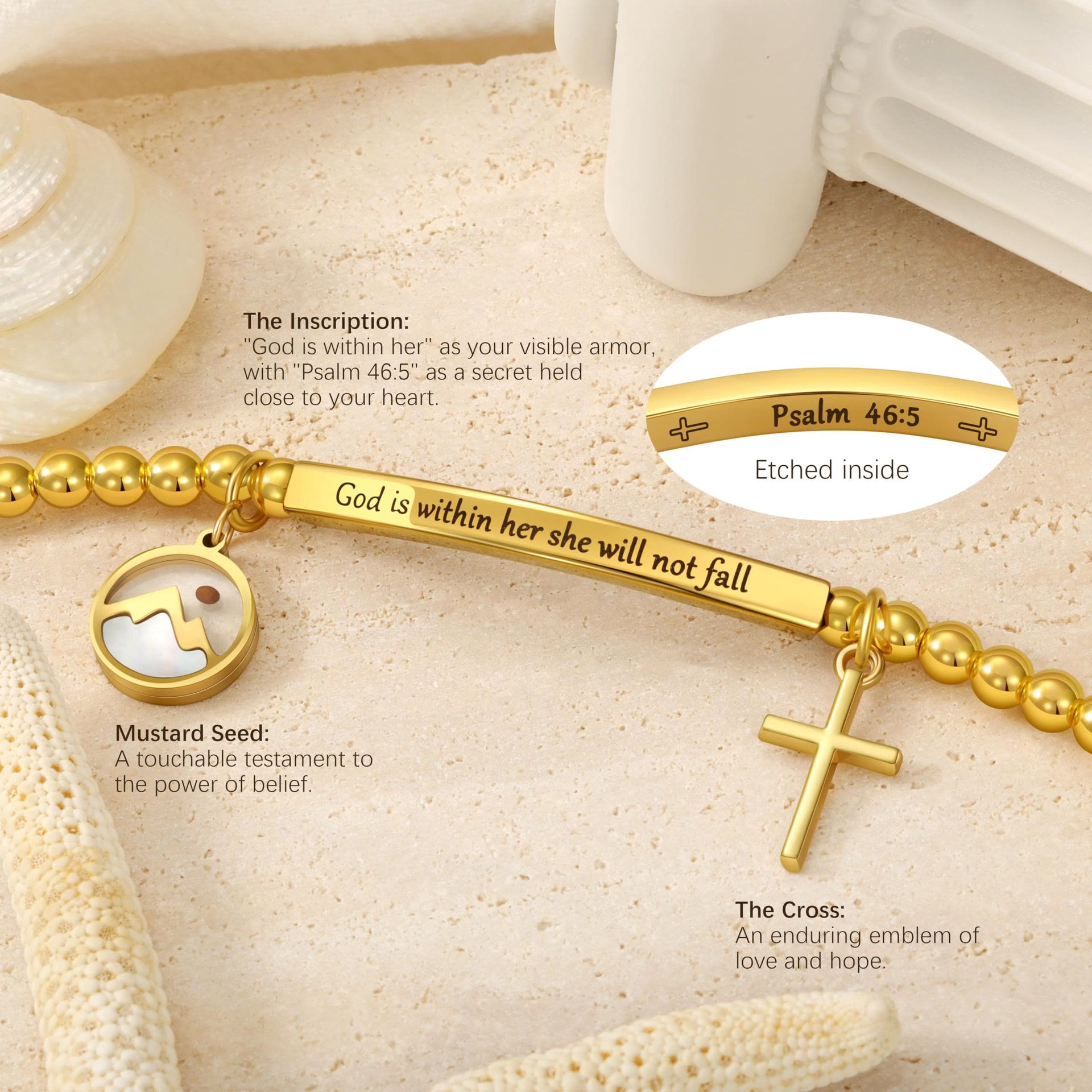 Pulsera de Cruz con Semilla de Mostaza y Cuentas Doradas con Tarjeta de Regalo