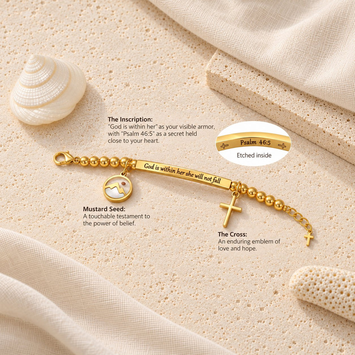 Mustard Seed & Golden Bead Cross Bracelet with God Is Within Her Gift