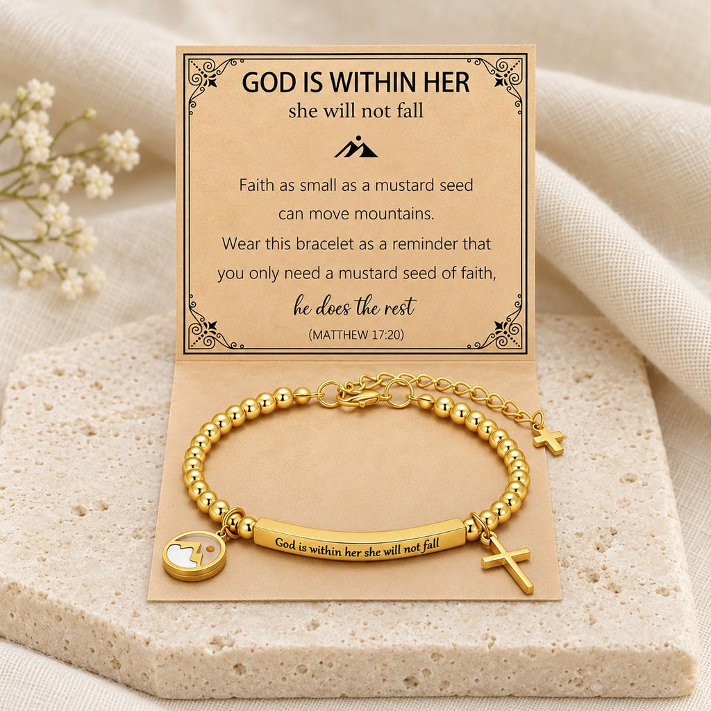 Mustard Seed & Golden Bead Cross Bracelet with God Is Within Her Gift