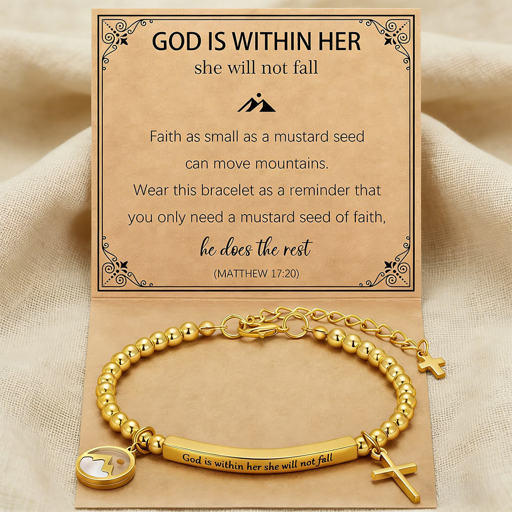 Pulsera de Cruz con Semilla de Mostaza y Cuentas Doradas con Tarjeta de Regalo