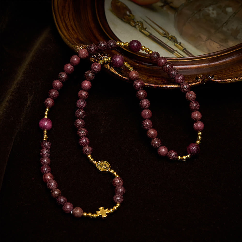 Pulsera Rosario Multicapa de Madera de Perilla con Cuentas Terrosas y la Virgen