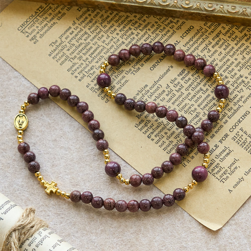 Pulsera Rosario Multicapa de Madera de Perilla con Cuentas Terrosas y la Virgen
