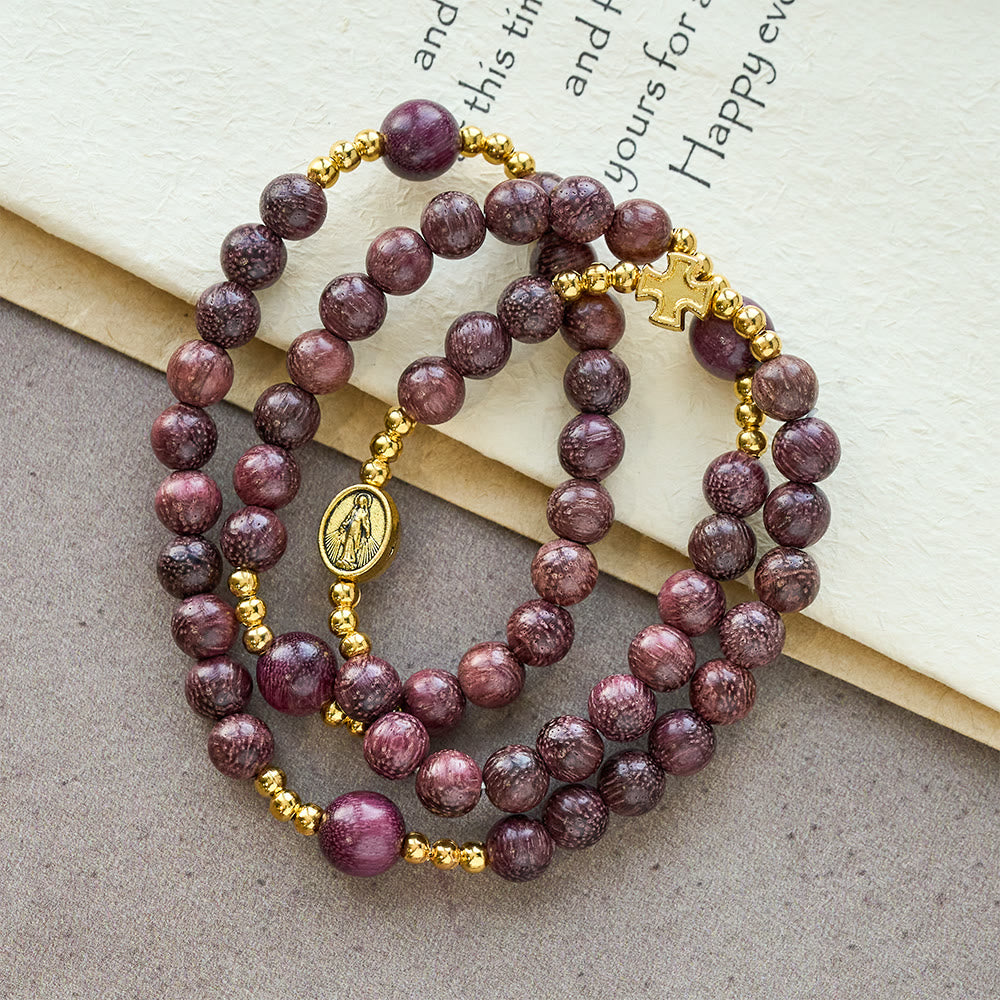 Pulsera Rosario Multicapa de Madera de Perilla con Cuentas Terrosas y la Virgen