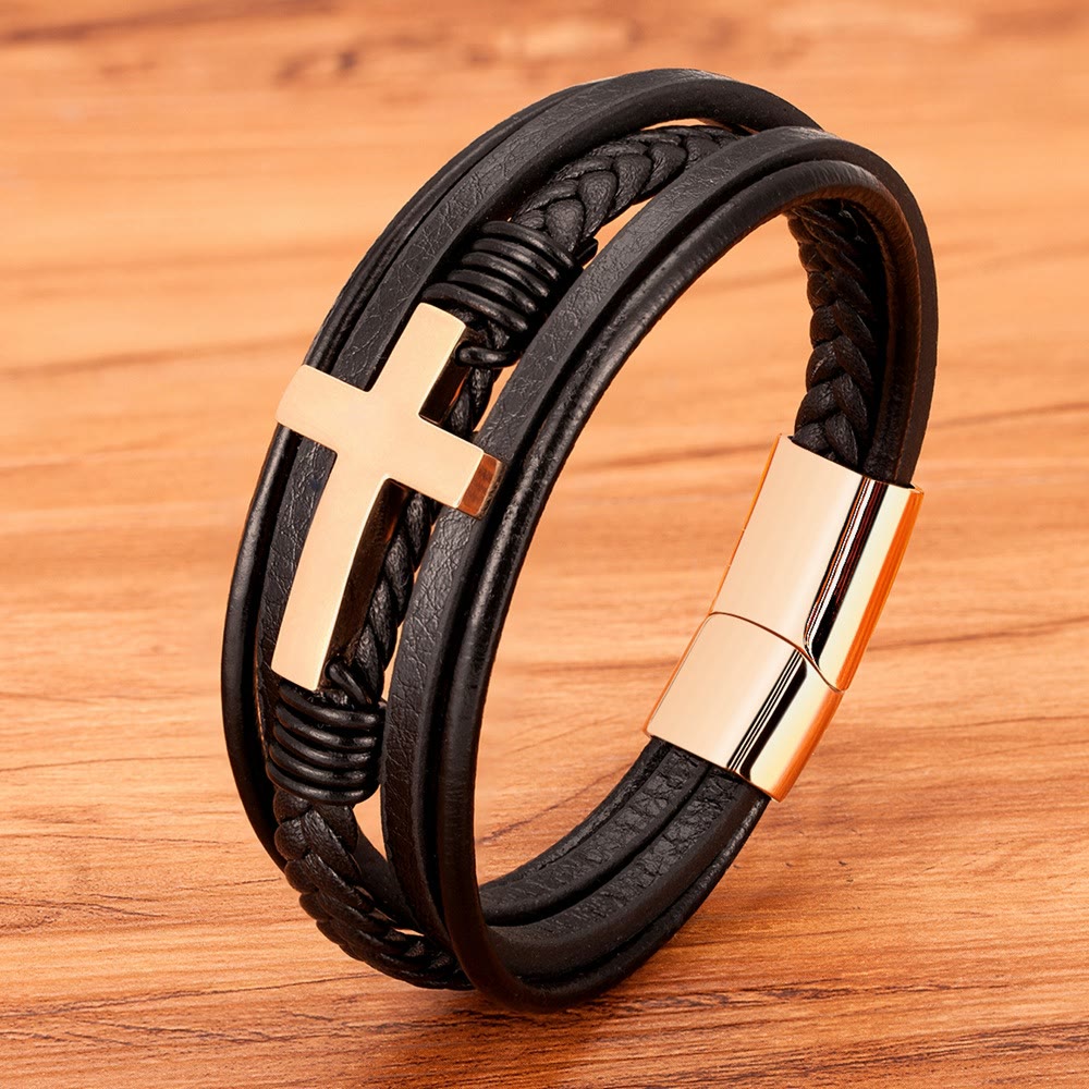 Pulsera de Cuero Trenzado con Cruz: Gracia Firme para el Día a Día