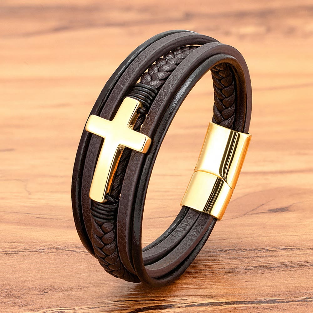 Pulsera de Cuero Trenzado con Cruz: Gracia Firme para el Día a Día