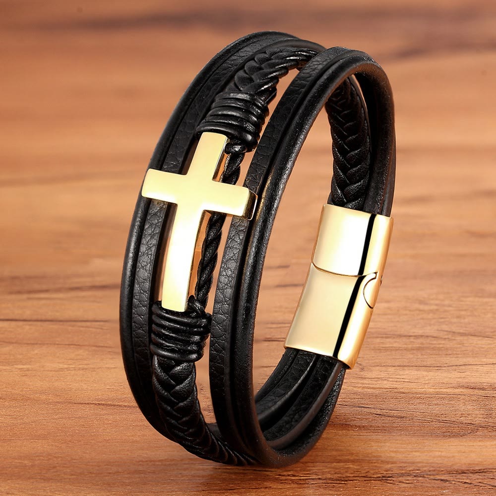 Pulsera de Cuero Trenzado con Cruz: Gracia Firme para el Día a Día