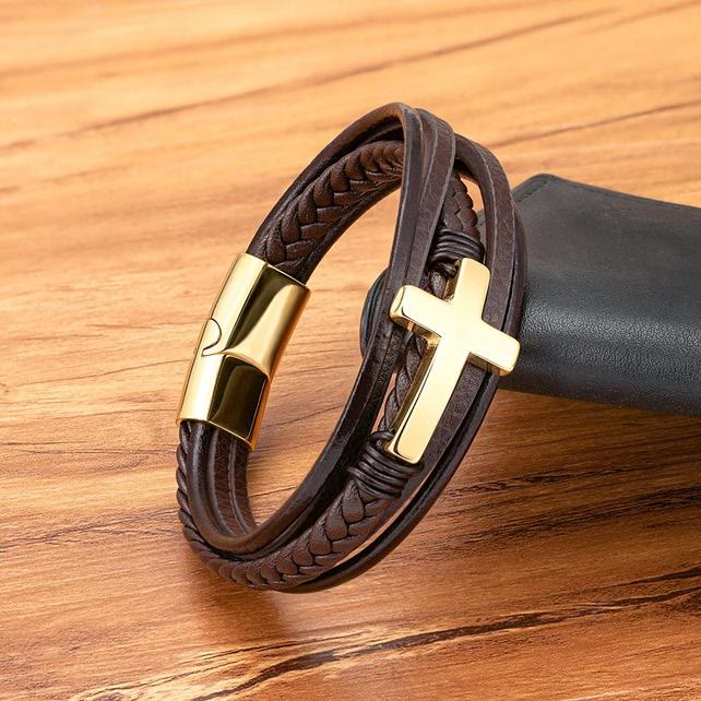Pulsera de Cuero Trenzado con Cruz: Gracia Firme para el Día a Día