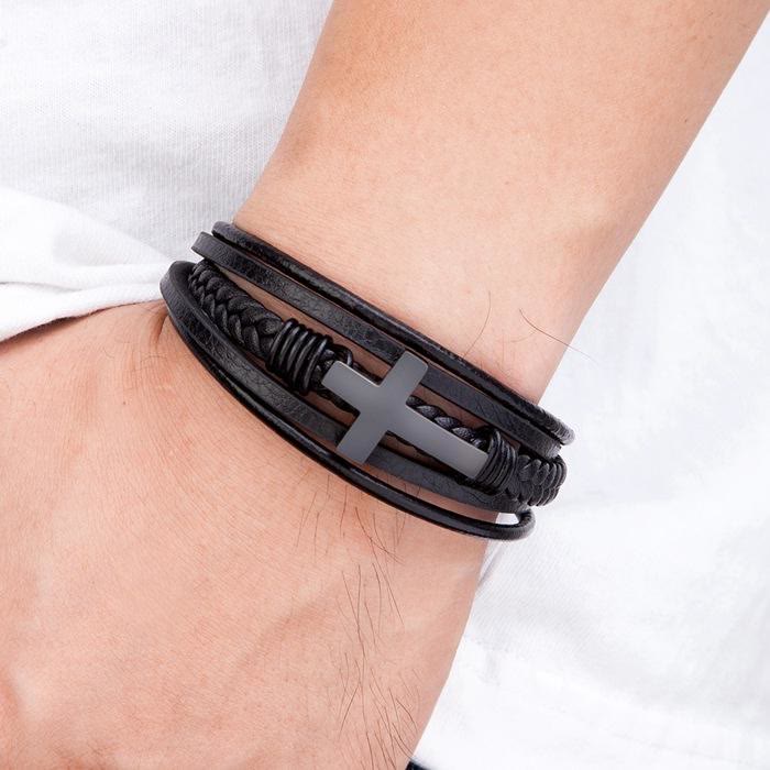 Pulsera de Cuero Trenzado con Cruz: Gracia Firme para el Día a Día
